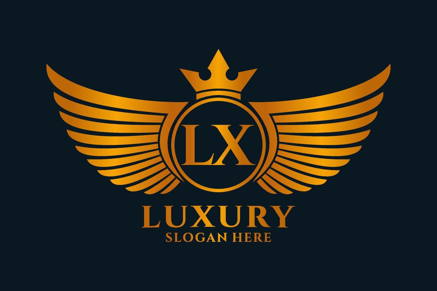 luxo royal wing letter lx crest gold color logo vector, logotipo da vitória, logotipo da crista, logotipo da asa, modelo de logotipo vetorial. vetor