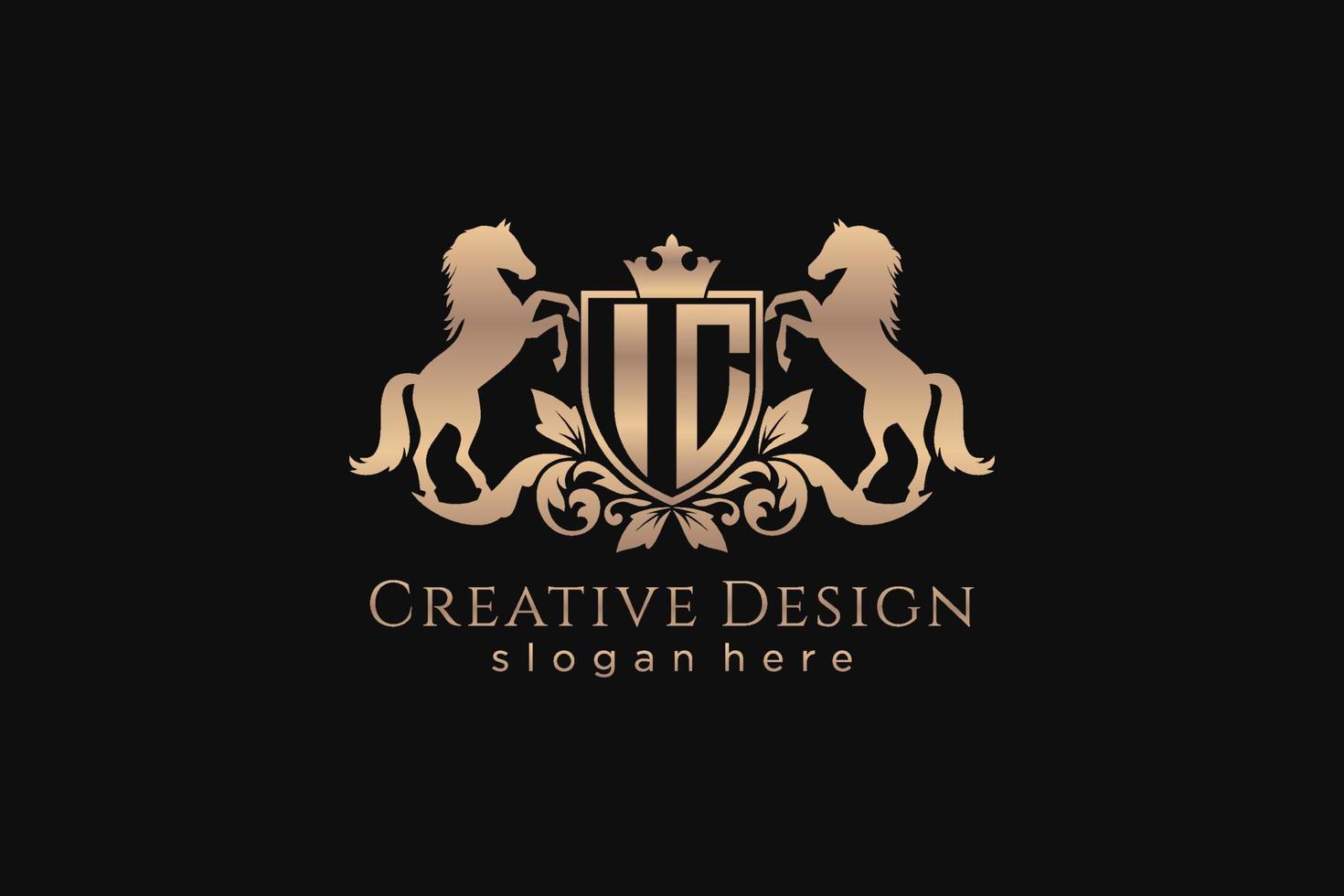 crista dourada retro ic inicial com escudo e dois cavalos, modelo de crachá com pergaminhos e coroa real - perfeito para projetos de marca luxuosos vetor