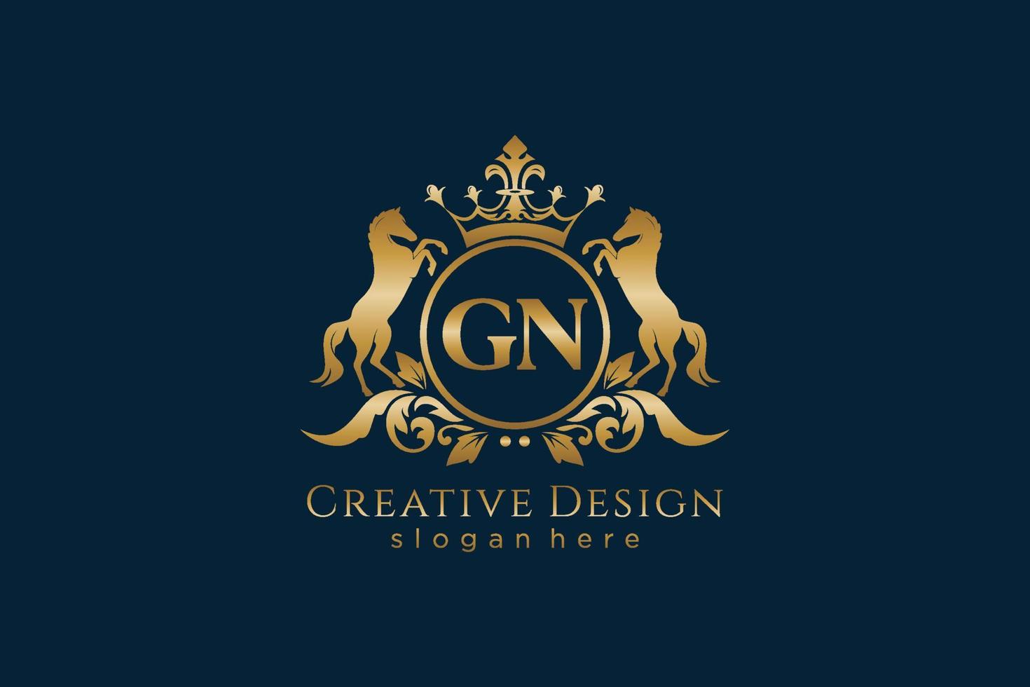crista dourada retro gn inicial com círculo e dois cavalos, modelo de crachá com pergaminhos e coroa real - perfeito para projetos de marca luxuosos vetor