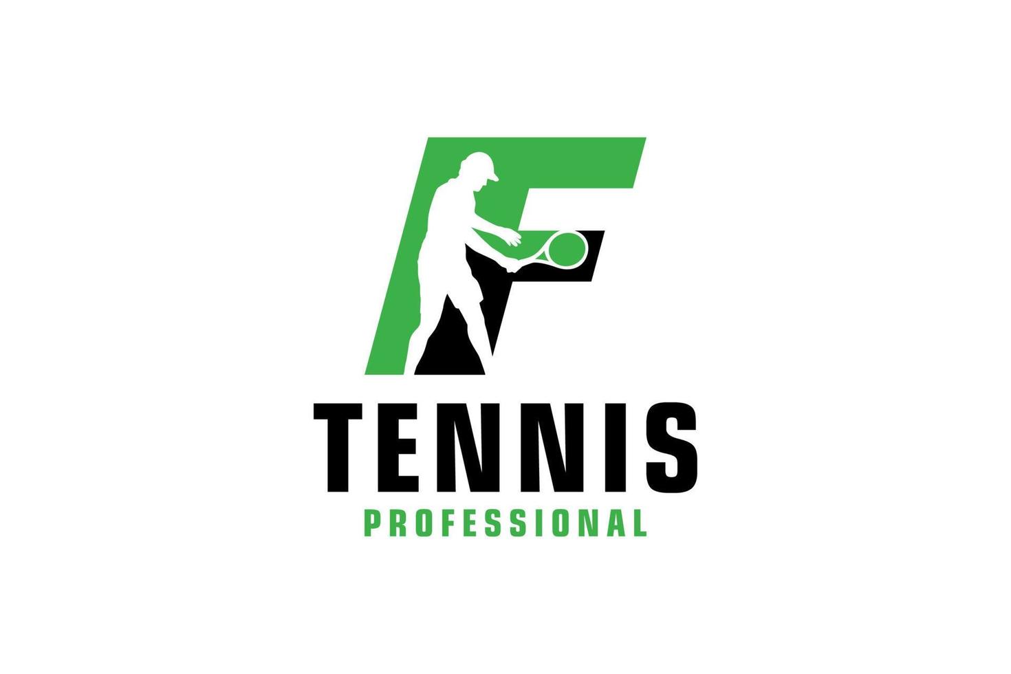 letra f com design de logotipo de silhueta de jogador de tênis. elementos de modelo de design vetorial para equipe esportiva ou identidade corporativa. vetor