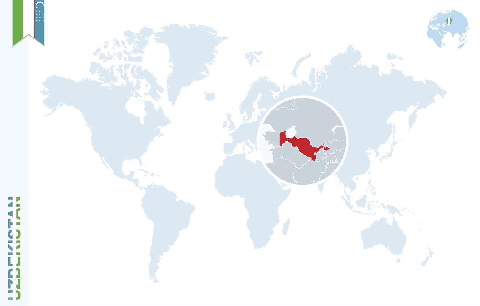 mapa-múndi azul com ampliação no Uzbequistão. vetor