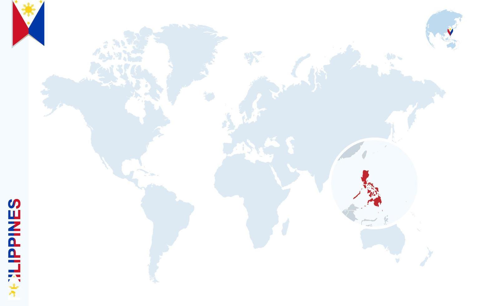 mapa-múndi azul com ampliação nas filipinas. vetor