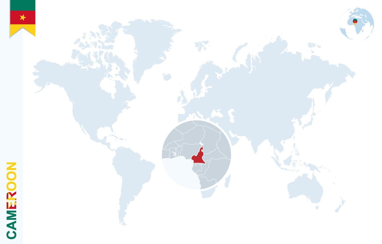 mapa-múndi azul com ampliação em camarões. vetor