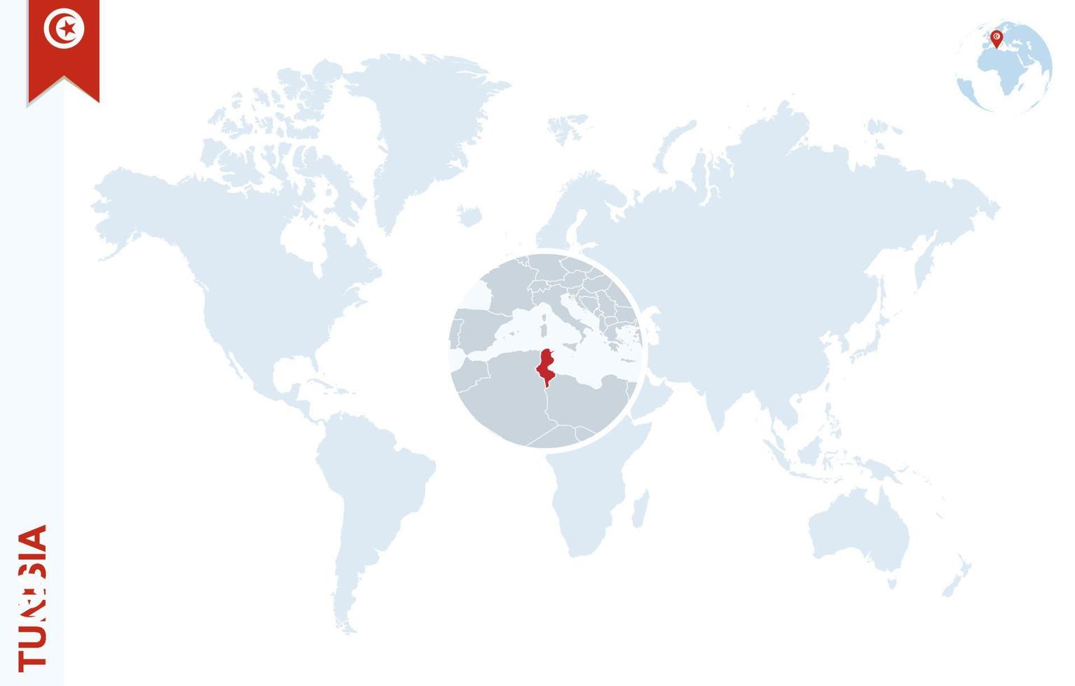 mapa-múndi azul com ampliação na tunísia. vetor