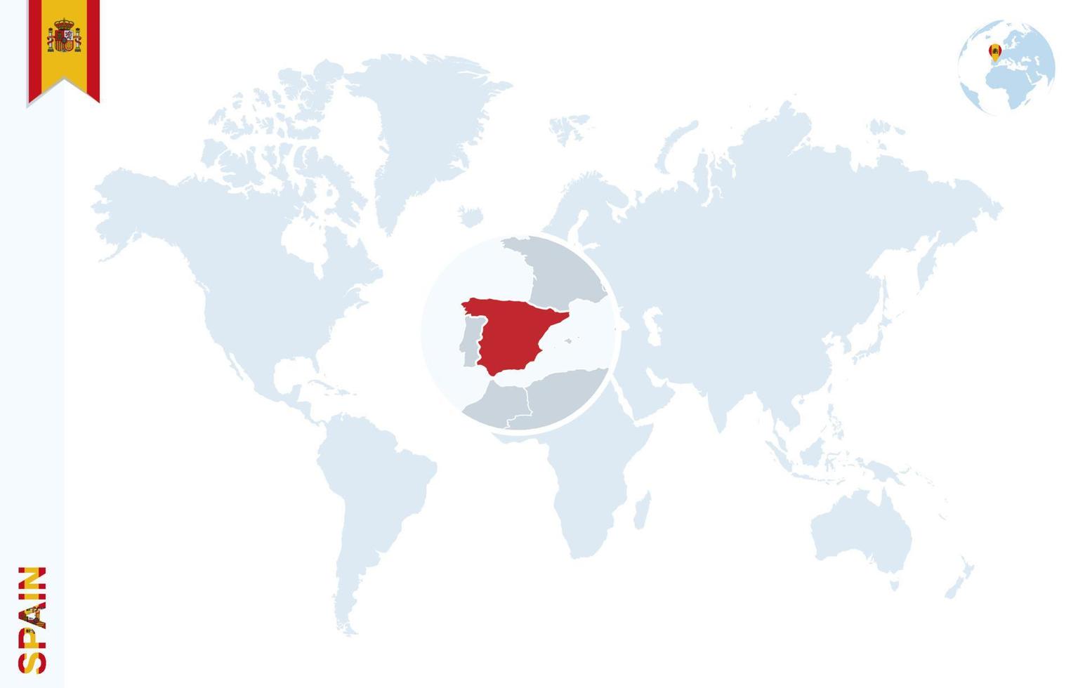 mapa-múndi azul com ampliação na espanha. vetor