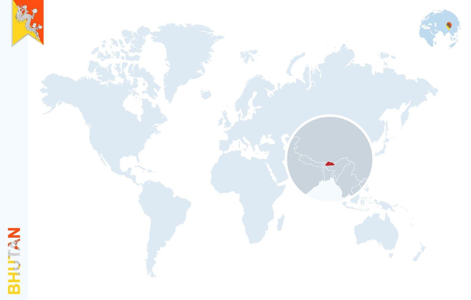 mapa-múndi azul com ampliação no Butão. vetor