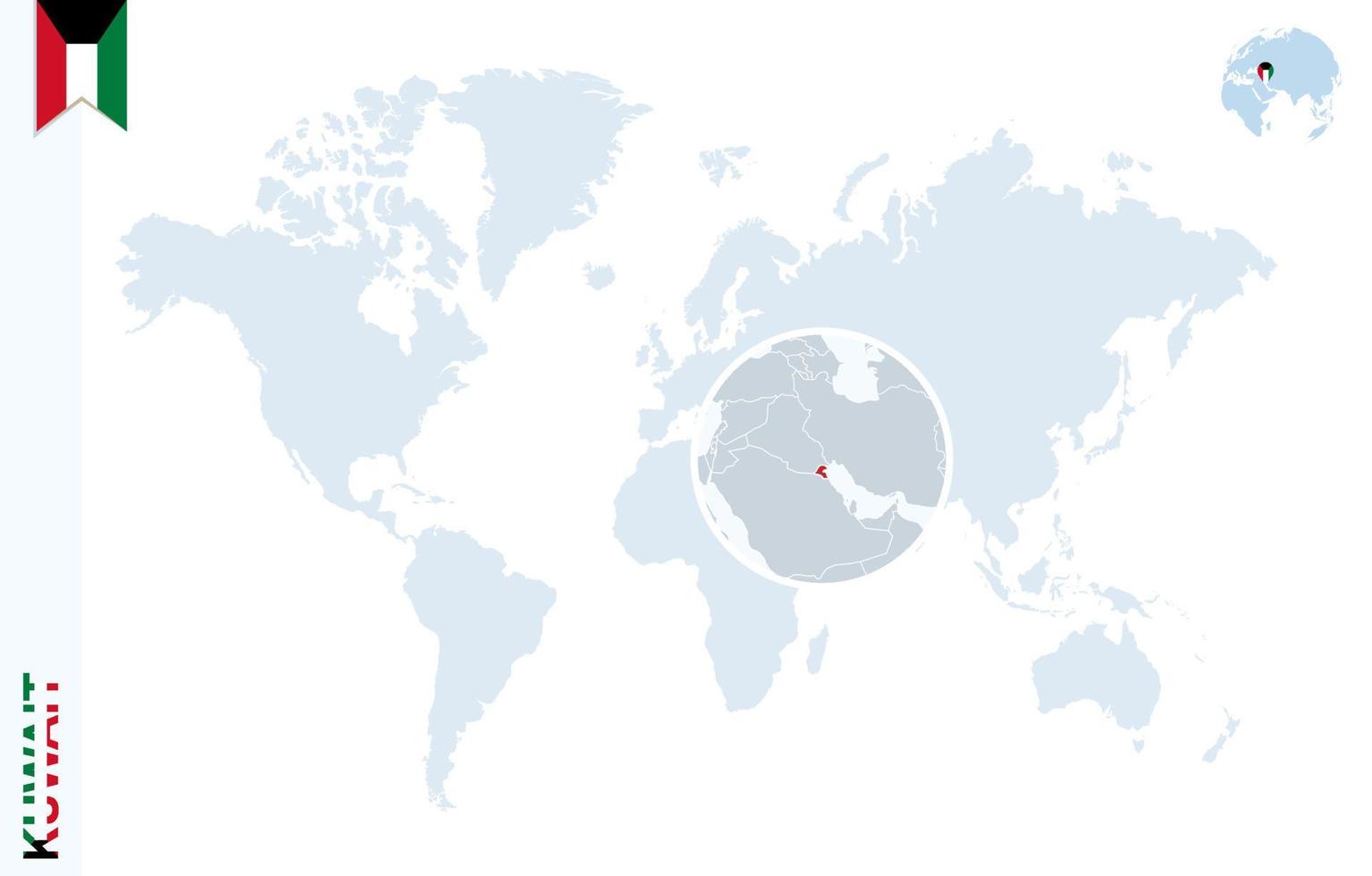 mapa-múndi azul com ampliação no kuwait. vetor