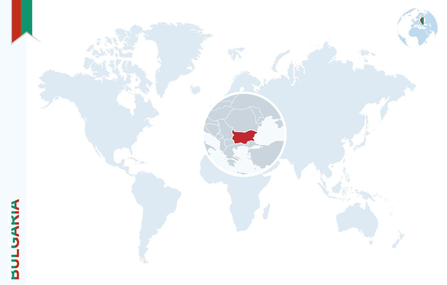 mapa-múndi azul com ampliação na bulgária. vetor