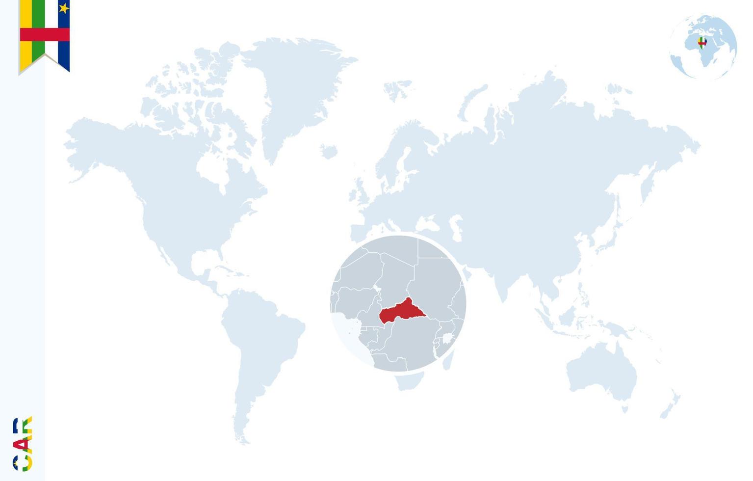 mapa-múndi azul com ampliação na república centro-africana. vetor