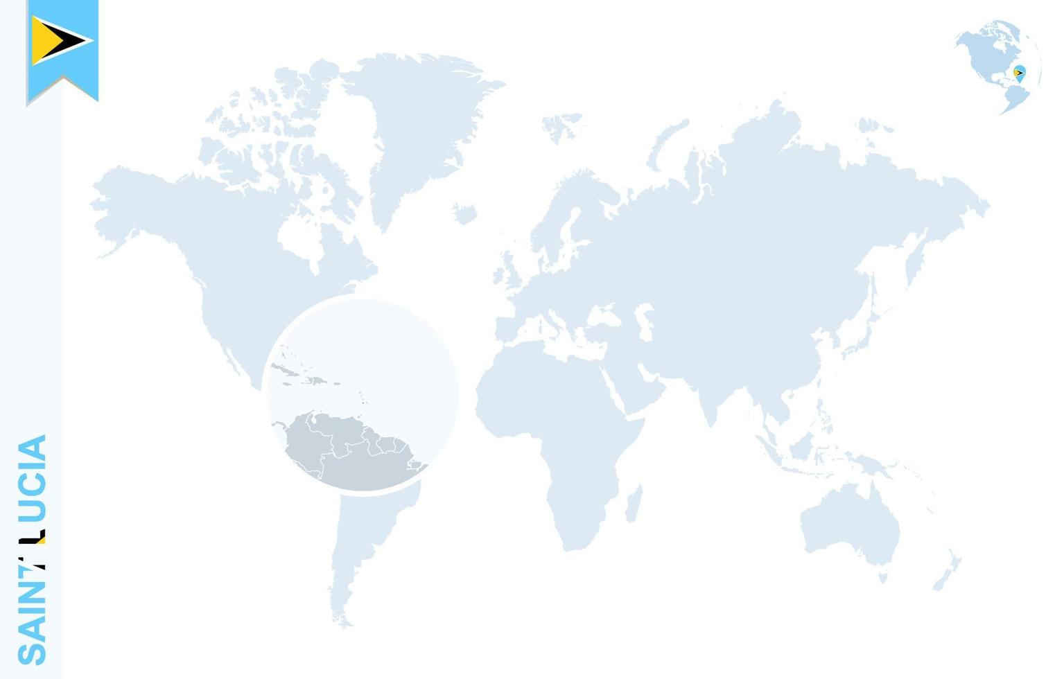 mapa-múndi azul com ampliação em santa lúcia. vetor
