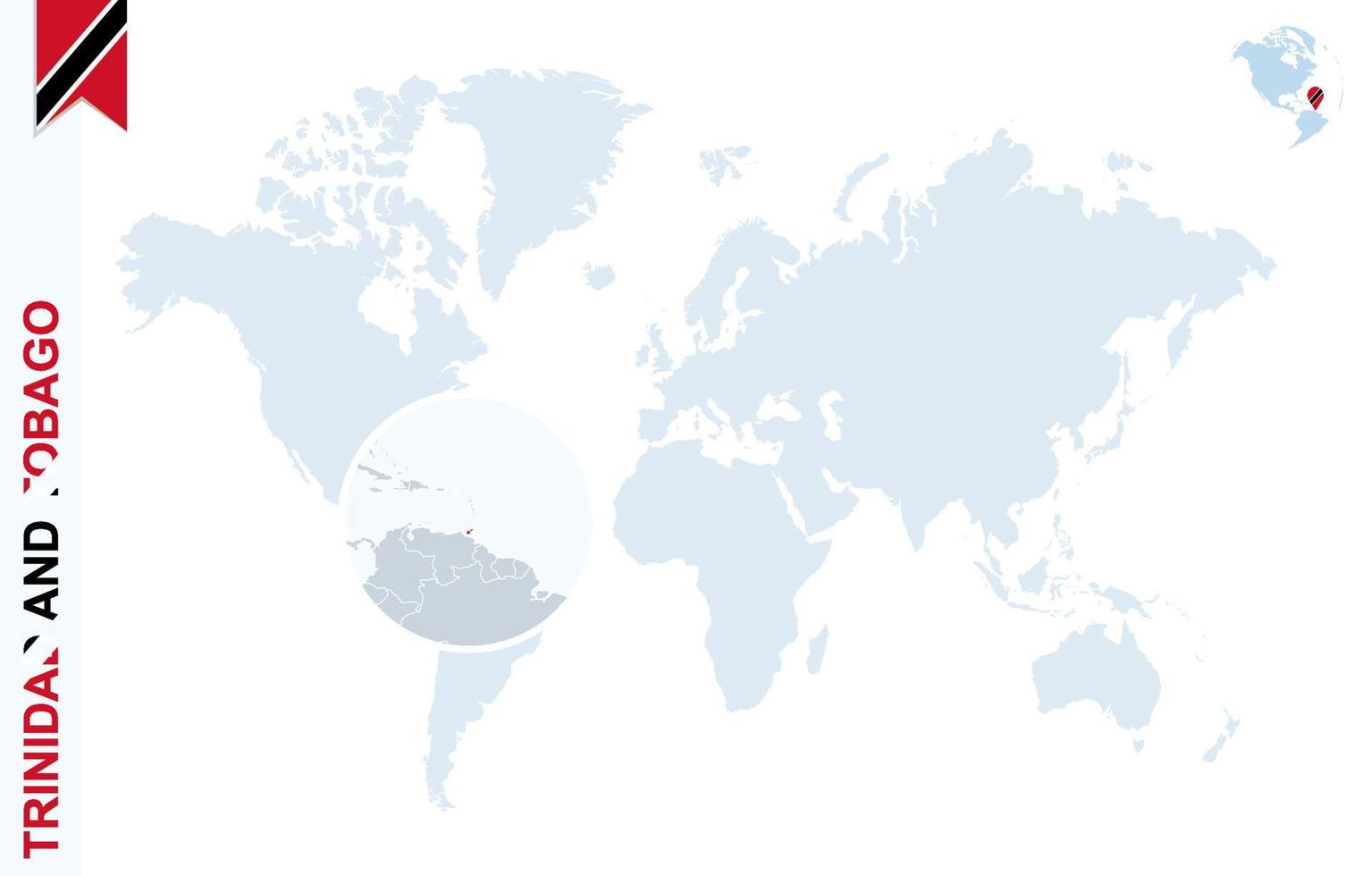 mapa-múndi azul com ampliação em trinidad e tobago. vetor