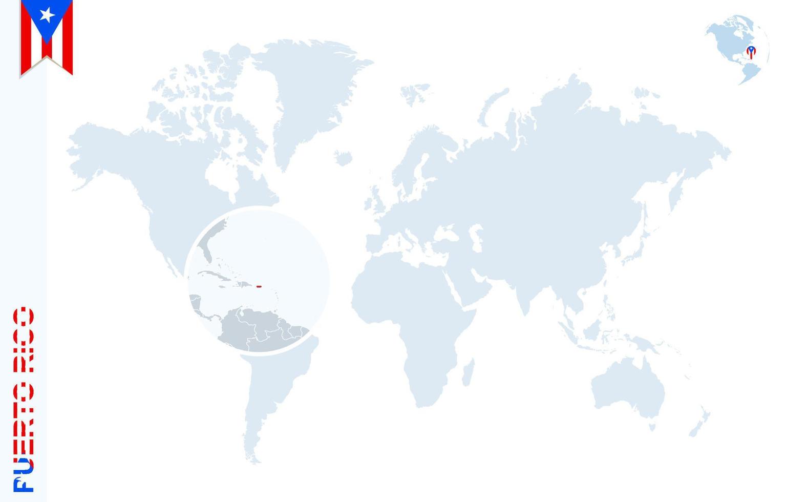 mapa-múndi azul com ampliação em porto rico. vetor