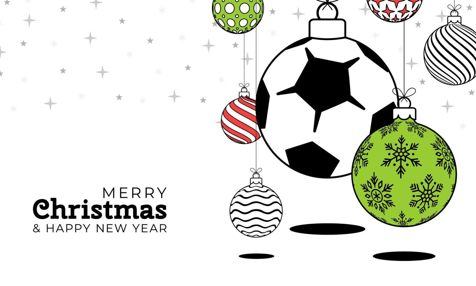 cartão de saudação de natal de futebol em estilo de linha moderno. feliz natal e feliz ano novo contorno banner de esportes dos desenhos animados. bola de futebol como uma bola de natal em fundo branco. ilustração vetorial. vetor