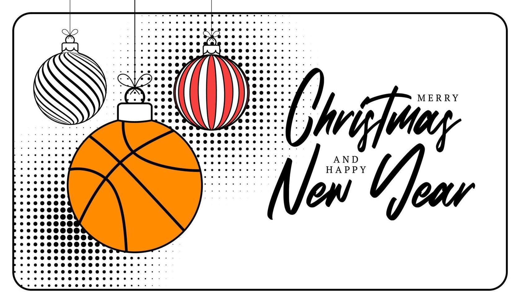 cartão de natal de basquete em estilo de linha moderno. feliz natal e feliz ano novo contorno banner de esportes dos desenhos animados. bola de basquete como uma bola de natal em fundo branco. ilustração vetorial. vetor