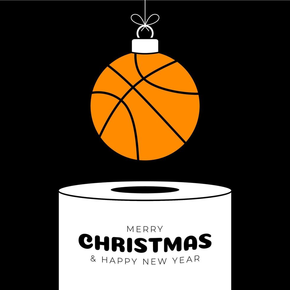 pedestal de bugiganga de natal de basquete. feliz natal cartão de esporte. pendure em uma bola de basquete de fio como uma bola de natal no pódio branco sobre fundo preto. ilustração em vetor na moda esporte.