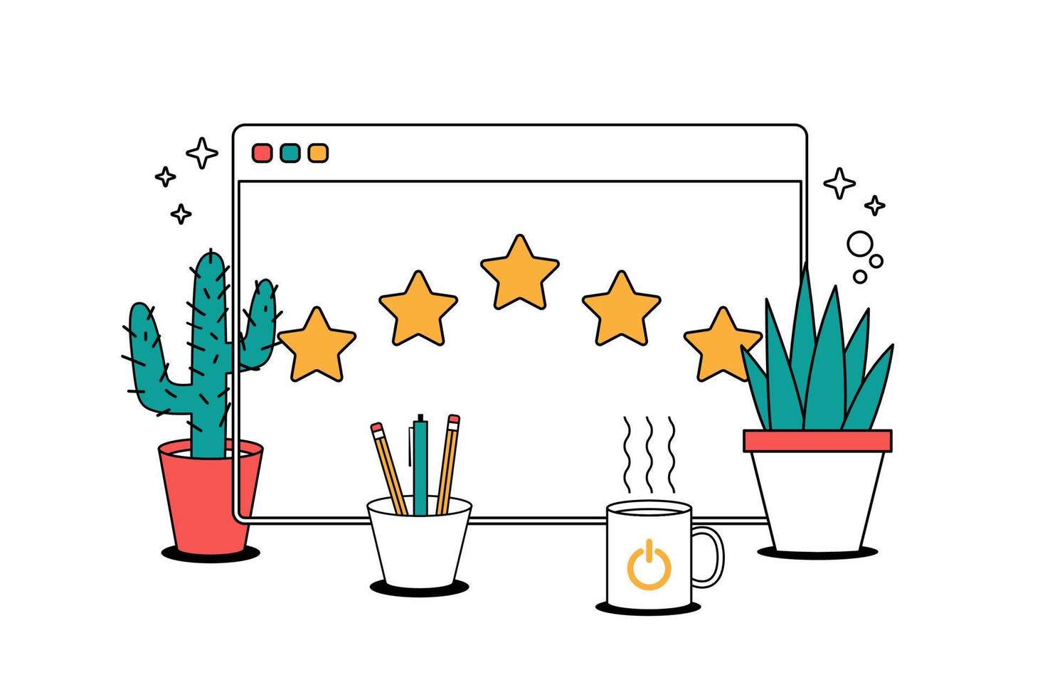 classificação por estrelas e conceito de feedback. estilo de ilustração vetorial de linha dos desenhos animados janela do navegador mínimo com estrelas e cursor. vetor
