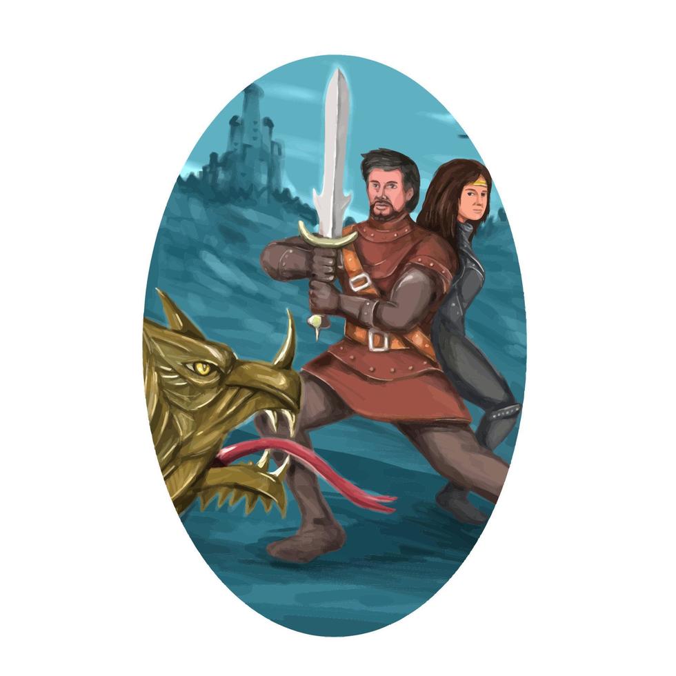 aquarela oval de cavaleiro e dama lutando com dragão vetor