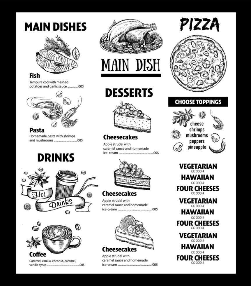 modelo de design de restaurante de café de menu. panfleto com gráfico desenhado à mão. vetor