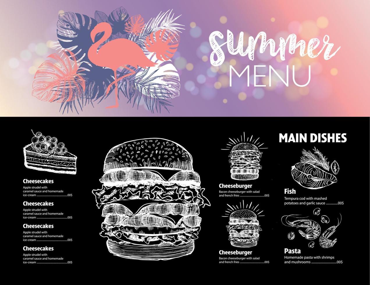 design de menu de comida de restaurante. menu de verão, ilustrações desenhadas à mão. folheto de comida vetorial. vetor