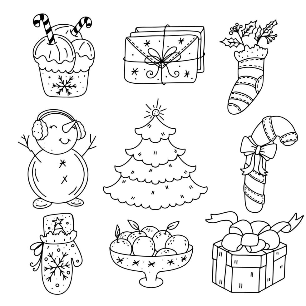 conjunto de elementos de natal em estilo doodle, ilustrações de ano novo para design de cartão de felicitações, para design de um pôster, banner, impressão. vetor