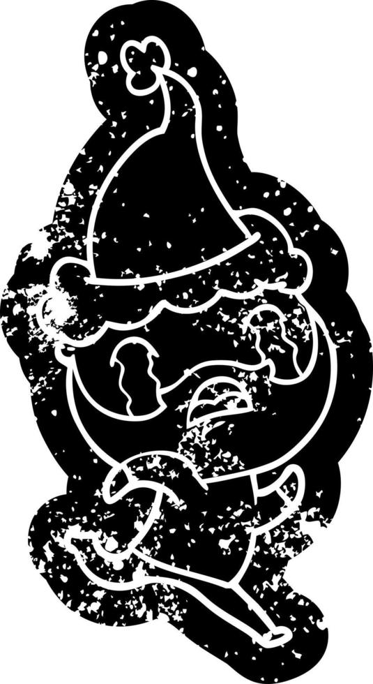 ícone angustiado dos desenhos animados de um homem barbudo chorando usando chapéu de papai noel vetor