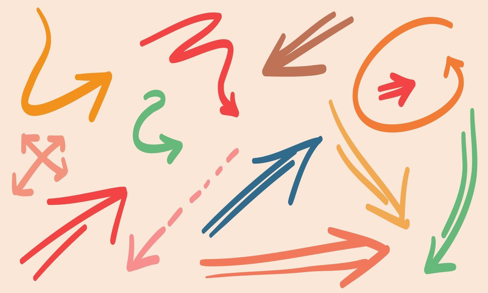 várias setas de doodle coloridas com formas e objetos de ponteiros de direção. ilustração vetorial desenhada à mão vetor