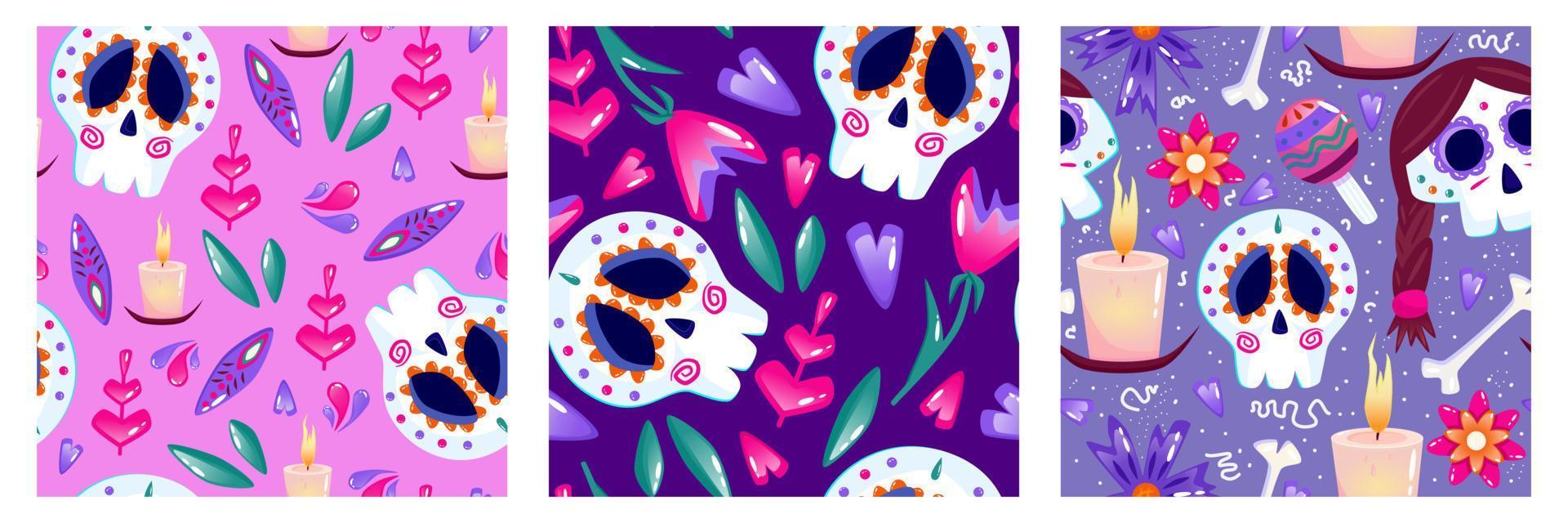 padrão de muertos com conjunto de caveira. feriado morto do dia do méxico. rosto de caveira floral. fundo sem costura floral. padrão perfeito de halloween e festival tradicional vetor