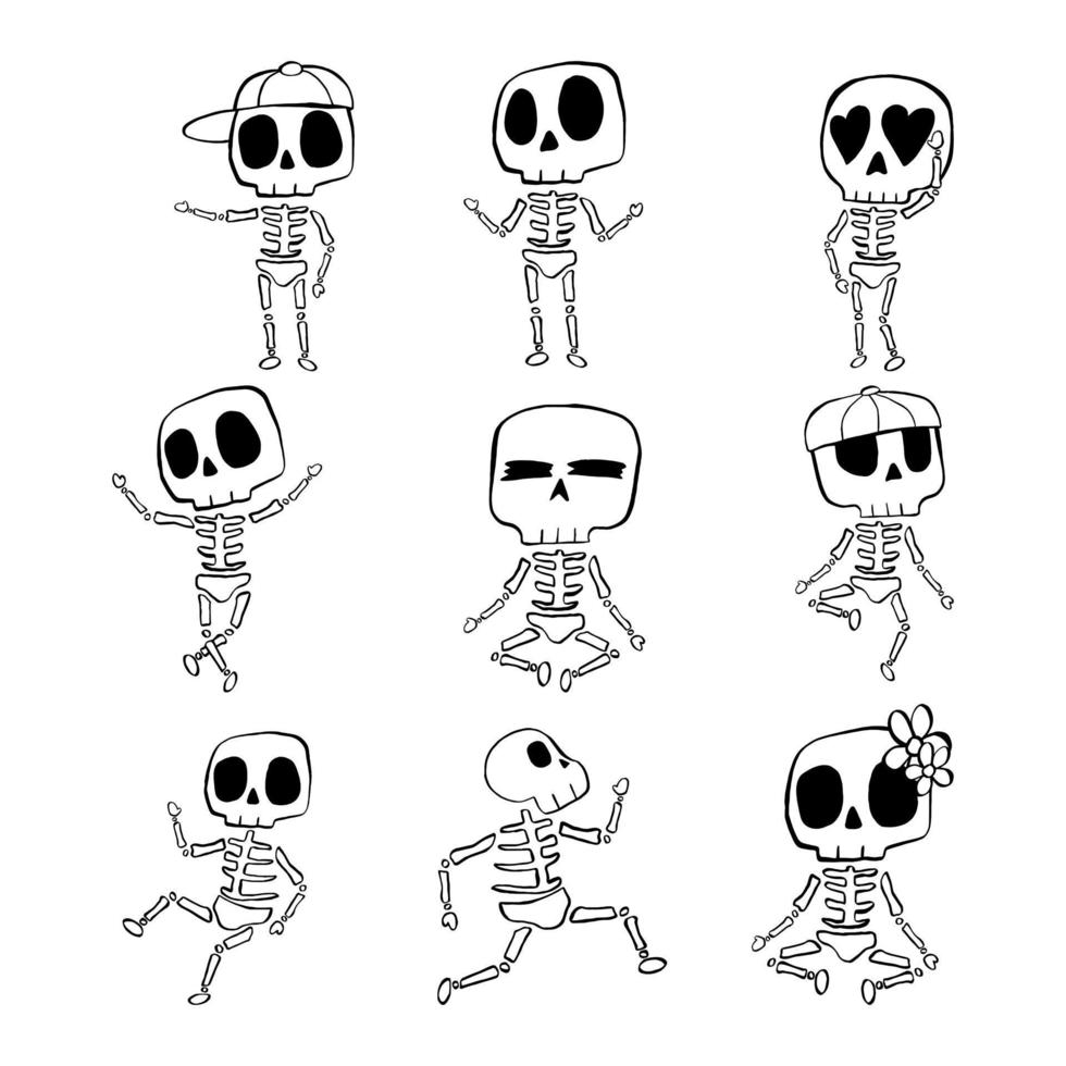 conjunto de ilustração vetorial de linha de desenhos animados de esqueleto de halloween em fundo branco. vetor