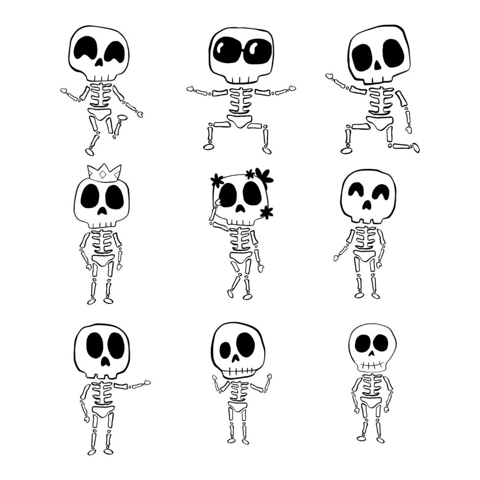 conjunto de ilustração vetorial de linha de desenhos animados de esqueleto de halloween em fundo branco. vetor