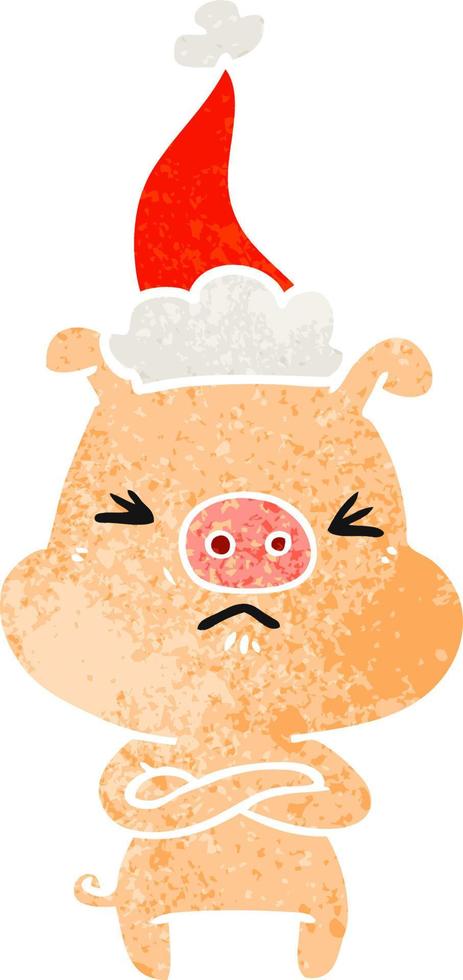 desenho retrô de um porco bravo usando chapéu de papai noel vetor