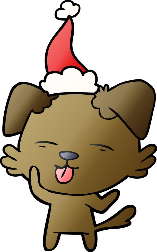 desenho de gradiente de um cachorro com a língua para fora usando chapéu de papai noel vetor