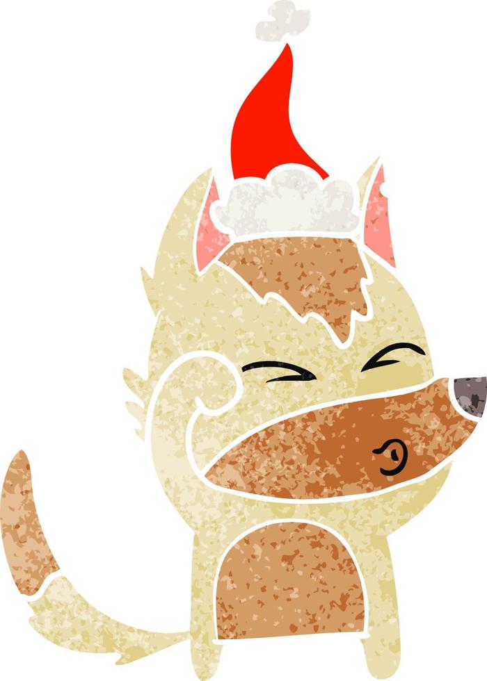 desenho retrô de um lobo fazendo beicinho usando chapéu de papai noel vetor