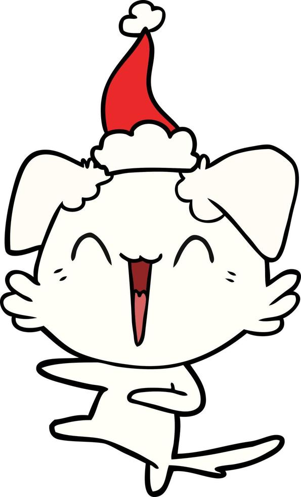 desenho de linha de cachorro dançando feliz de um chapéu de papai noel vetor