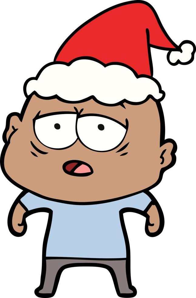 desenho de linha de um homem careca cansado usando chapéu de papai noel vetor