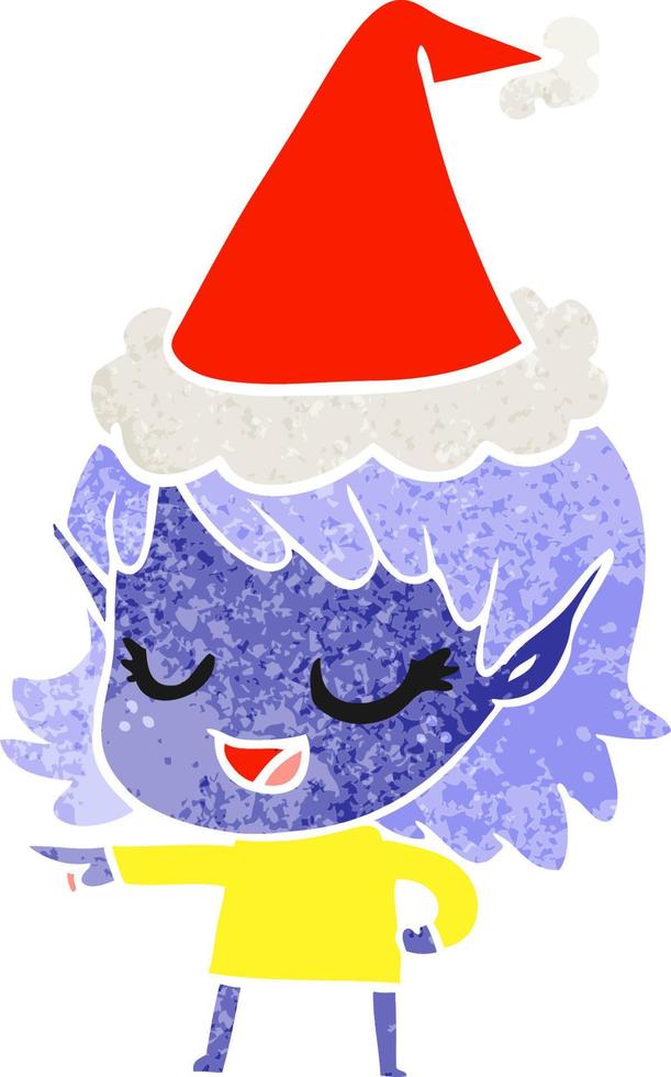 feliz desenho retrô de uma elfa apontando usando chapéu de papai noel vetor