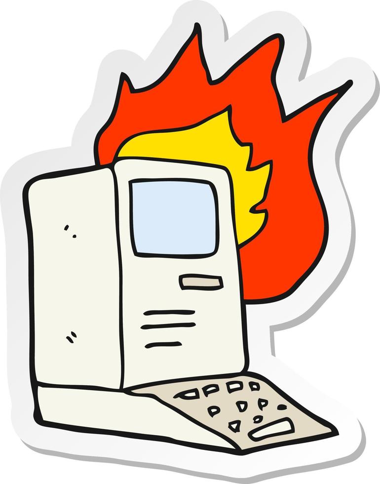 adesivo de um computador antigo de desenho animado em chamas vetor