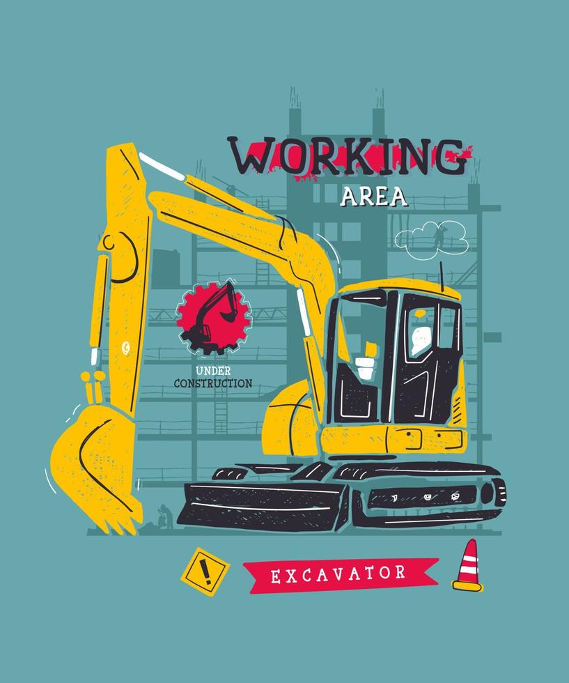 grande escavadeira amarela no ambiente do trabalhador da construção civil, ilustração vetorial vetor