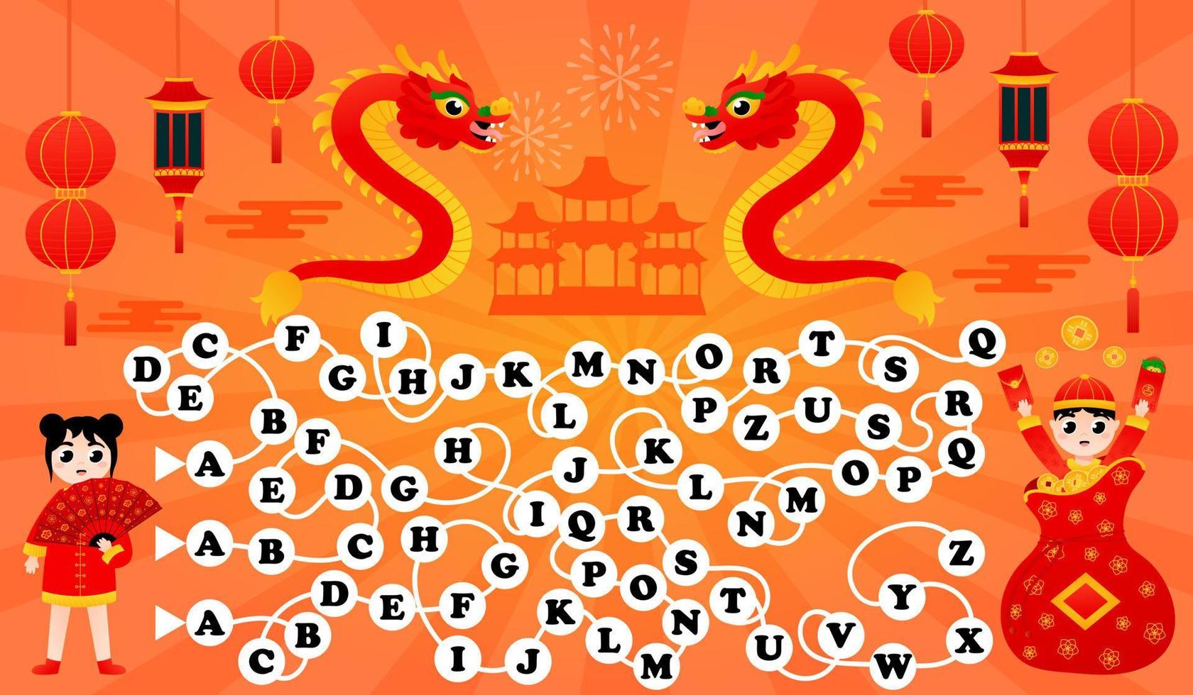jogo de alfabeto para crianças em fundo rosa, encontre o caminho de uma planilha imprimível de a a z com crianças e dragão vetor