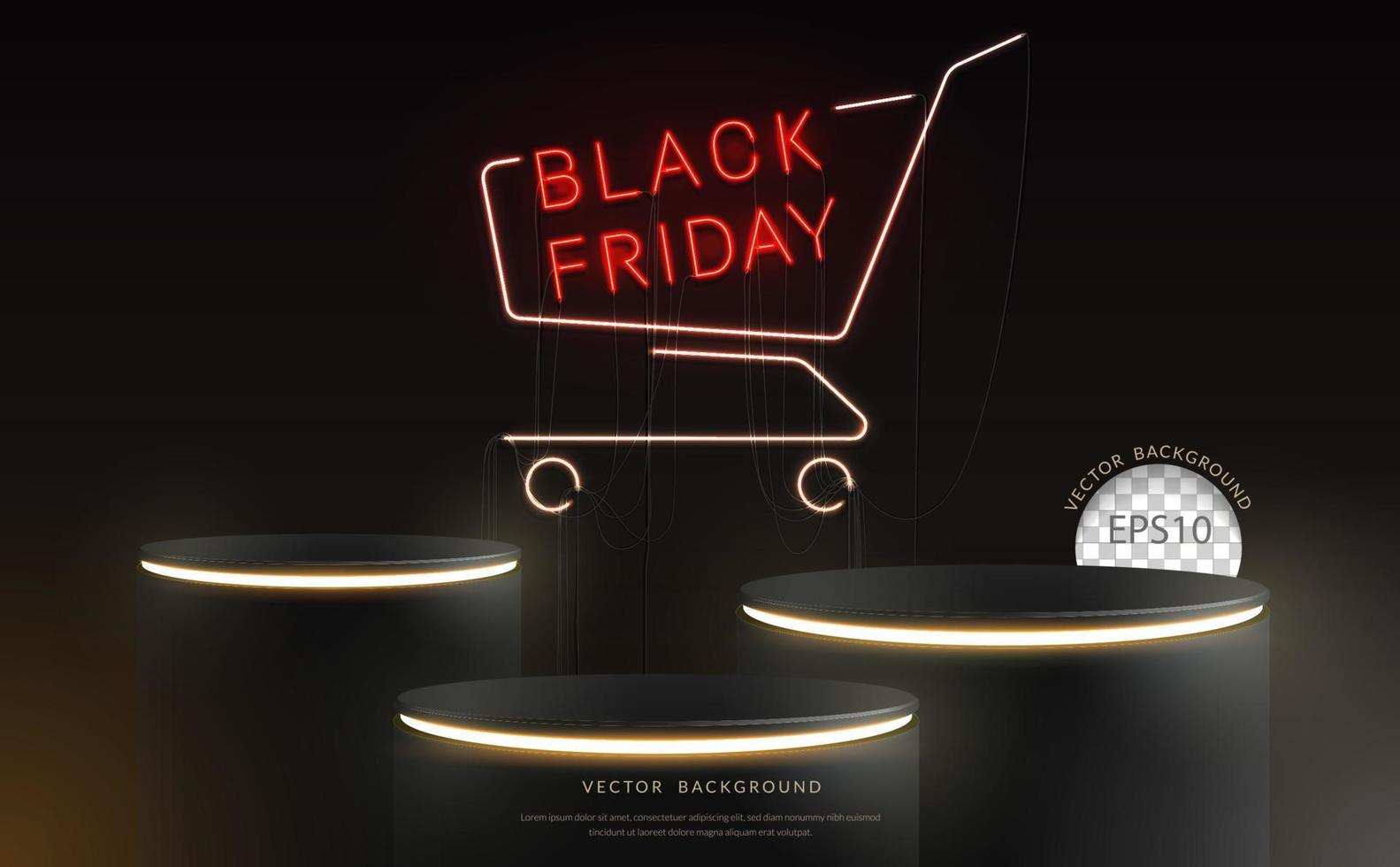 fundo de pódio de sexta-feira negra, néon de pódio de três etapas com sinal de carrinho de compras, ilustração vetorial vetor