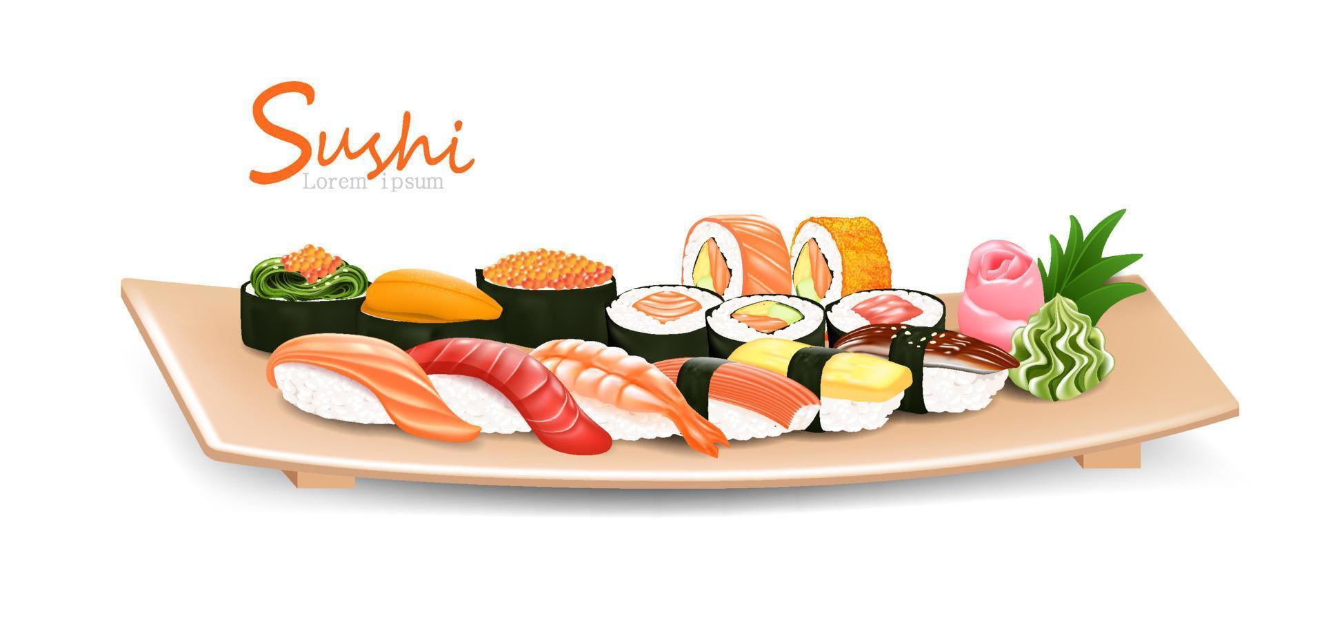 conjunto de comida tradicional japonesa de sushi com tipo diferente na ilustração vetorial de placa de madeira vetor