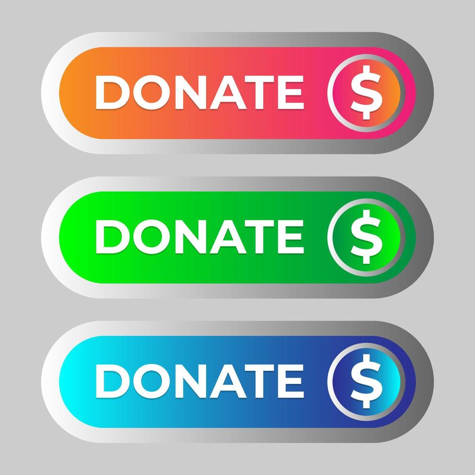 botão de doar web. conjunto de botões coloridos com ícones de dinheiro. símbolo de ajuda financeira isolado em fundo prateado. ilustração vetorial. vetor