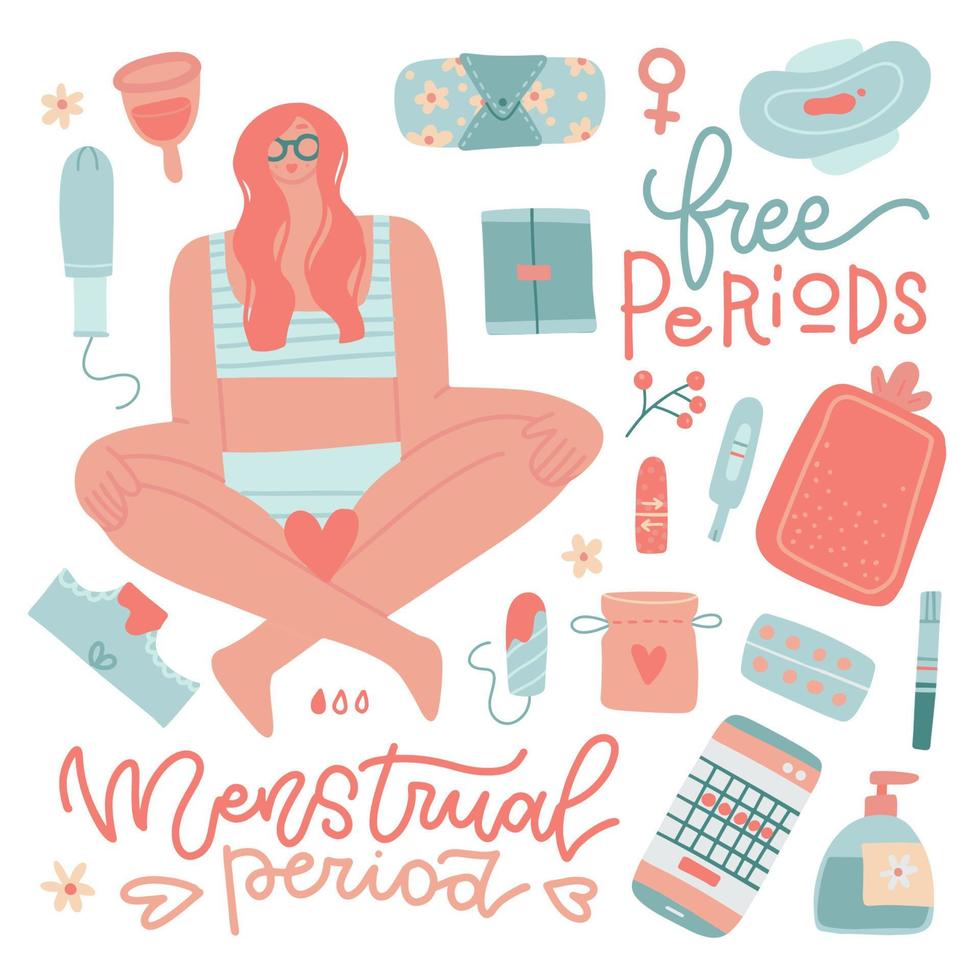 conjunto de produtos de higiene menstrual bonitos desenhados à mão - tampões, almofada sanitária e reutilizável, mais quente, copo menstrual, calcinha. citações de letras e personagem feminina fofa. ilustração em vetor plana dos desenhos animados.