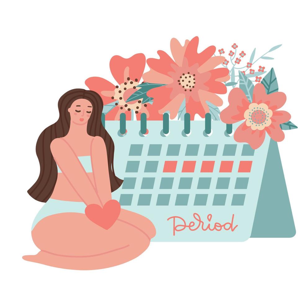 meninas positivas para o corpo ou mulheres jovens e enorme calendário pms, rastreador de menstruação ou calculadora com flores. período menstrual feminino, pms e sangue é normal. vetor