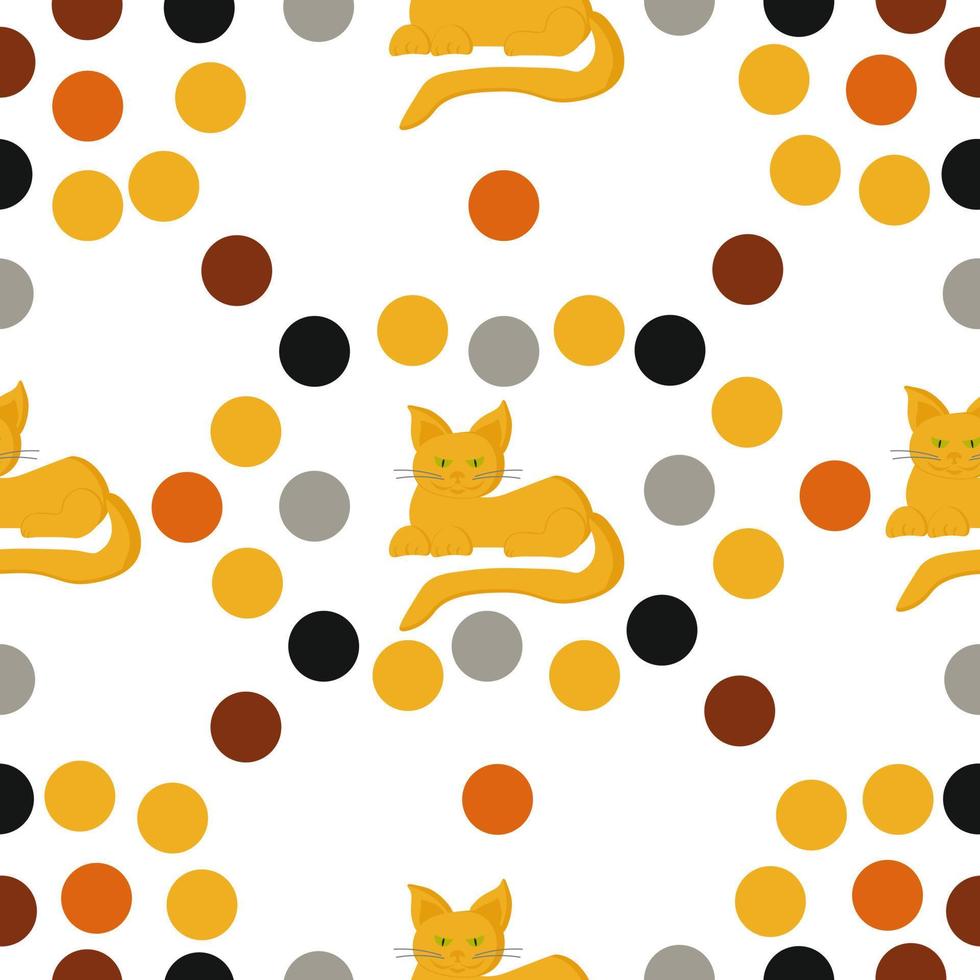 gato laranja e padrão sem costura de pontos coloridos, animal de estimação e círculos em fundo branco vetor