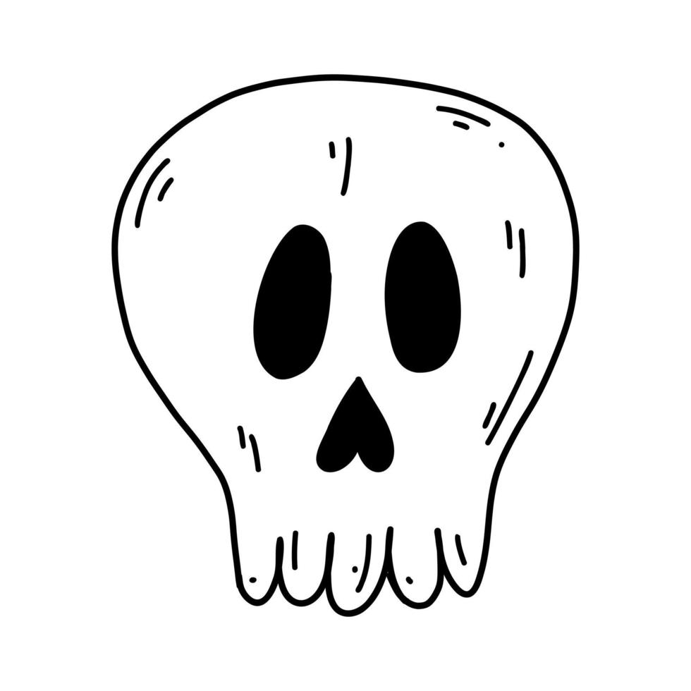 crânio de doodle desenhado de mão. elemento de desenho animado de halloween, ilustração de desenho vetorial, arte de linha para web design, ícone, impressão, página para colorir vetor