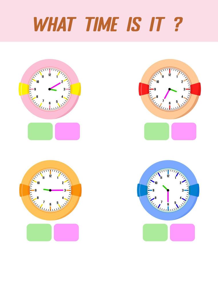 que horas são. aprendendo o tempo no relógio. planilha de atividades educativas para crianças e bebês. jogo pré-escolar. quebra-cabeça com relógio. jogo de educação para crianças. vetor