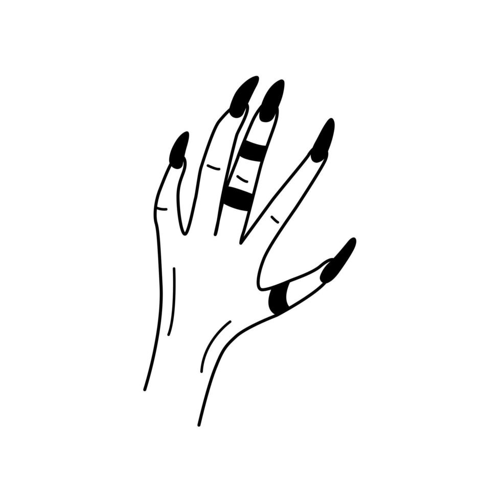 mão de mulher de contorno preto com unhas compridas e anéis doodle estilo, ilustração vetorial isolada no fundo branco. parte desenhada à mão do corpo, elemento de design vetor