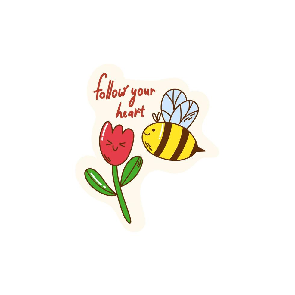 adesivo kawaii com uma abelha e uma flor, ilustração vetorial em um fundo branco vetor