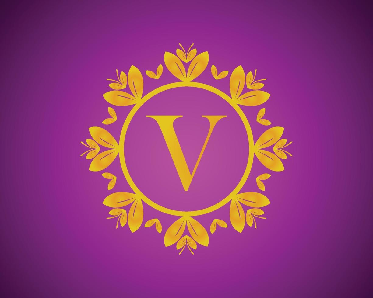 alfabeto v design de logotipo de luxo com gradação de cor dourada e círculo de folha de ouro adequado para banho, hotel, beleza e higiene. contra um fundo de veludo violeta. vetor