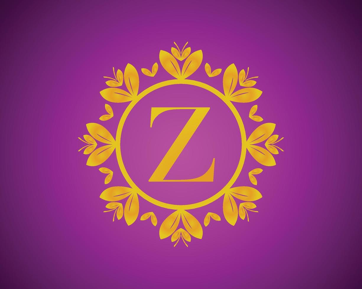 alfabeto z design de logotipo de luxo com gradação de cor dourada e círculo de folha de ouro adequado para banho, hotel, beleza e higiene. contra um fundo de veludo violeta. vetor